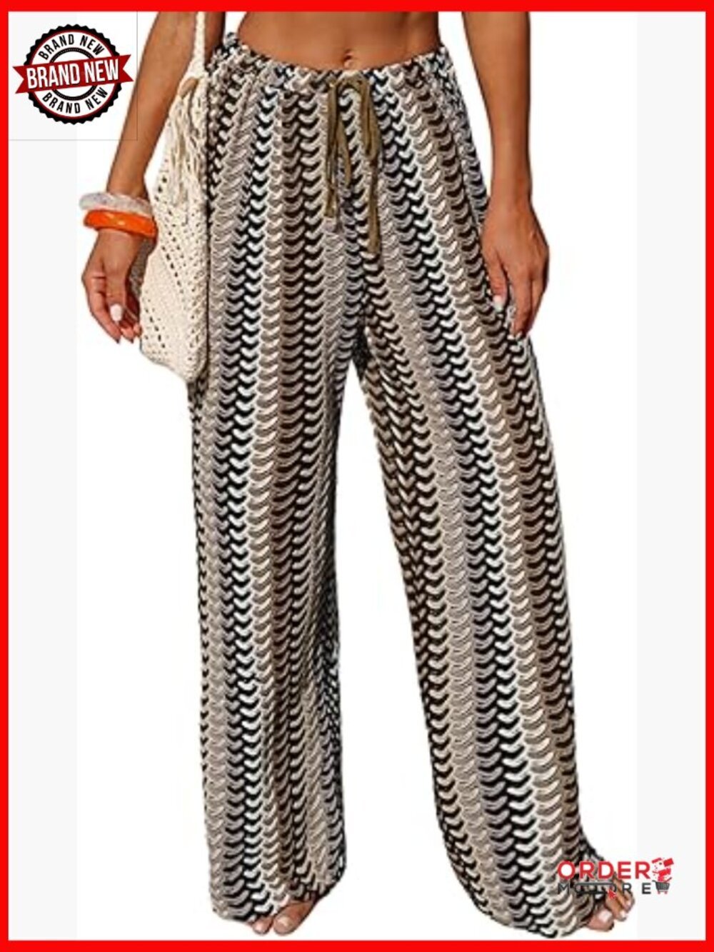 Crochet Drawstring Boho Beach Cover Up Pants - High Rise Wide Leg